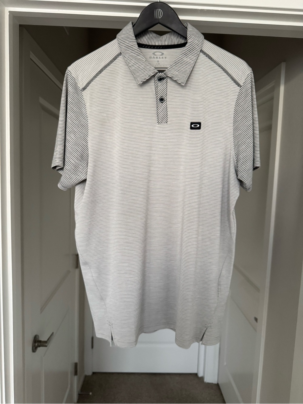 Oakley White and Gray Striped Performance Polo- Size Large